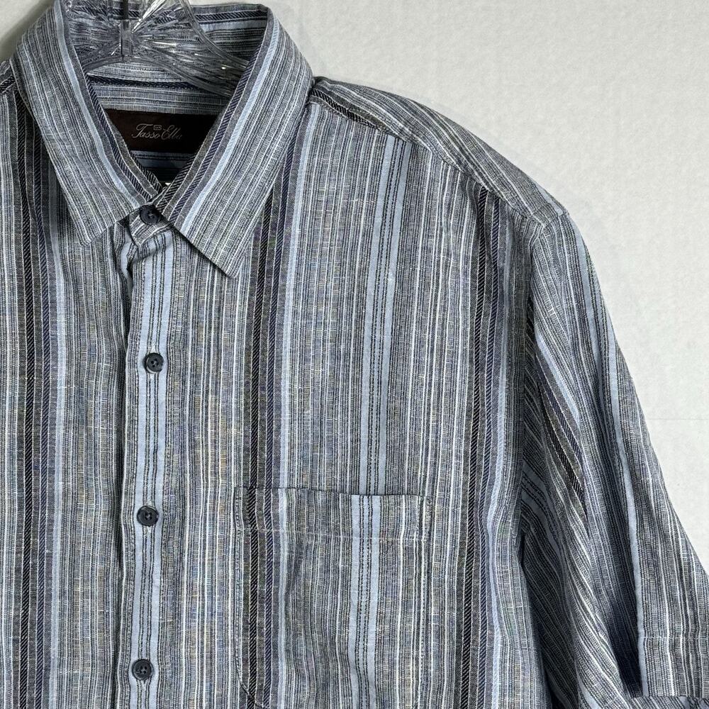 Tasso Elba Men’s Short Sleeve Linen Cotton Blend Shirt Blue Gray Stripe SZ M